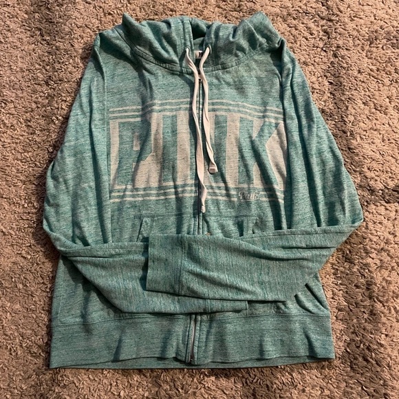 PINK Victoria’s Secret light weight full zip up green hoodie - Picture 1 of 3